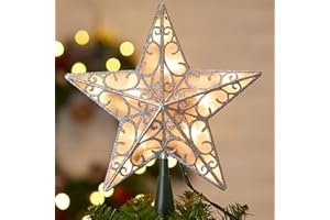 BRIGHTOWN Christmas Star Tree Topper, Plug in Sliver Glittered 3D Star Tree Topper, Metal Hollow Designed Built-in 10 Bulbs String Lights for Indoor Office Christmas New Year Holiday Tree Decoration