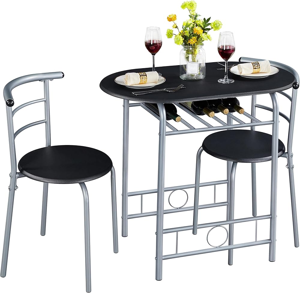 Yaheetech 3 Piece Dining Table & Chairs Set Compact Kitchen Balcony Black