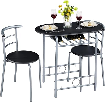 Yaheetech 3 Piece Dining Table & Chairs Set Compact Kitchen Balcony Black