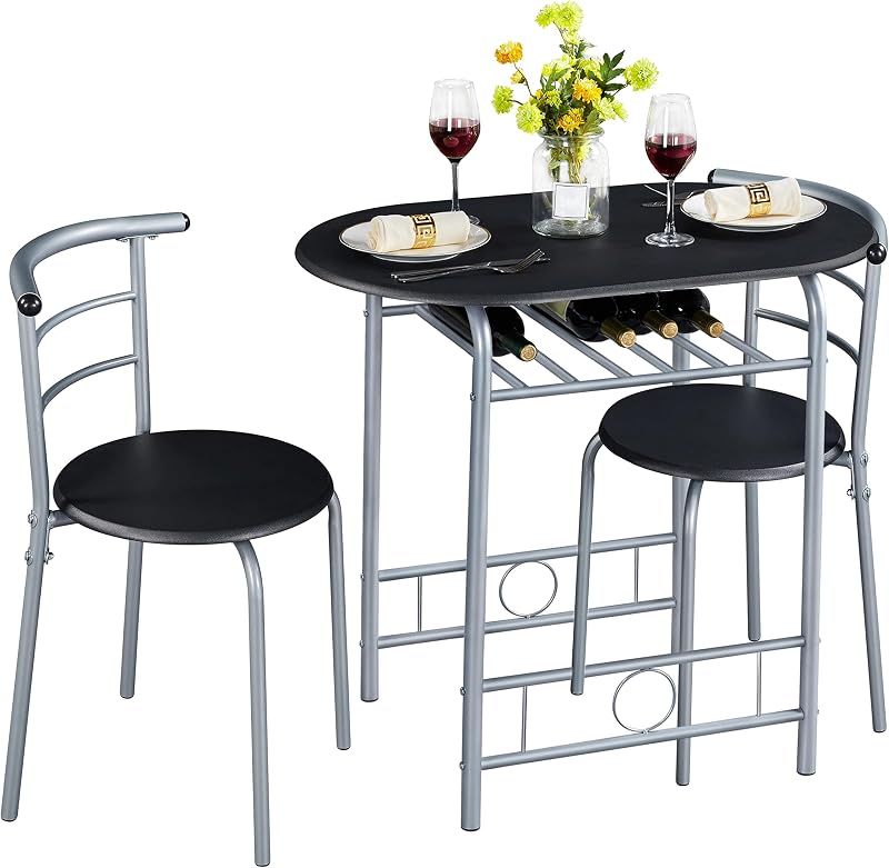 Yaheetech 3 Piece Dining Table & Chairs Set Compact Kitchen Balcony Black
