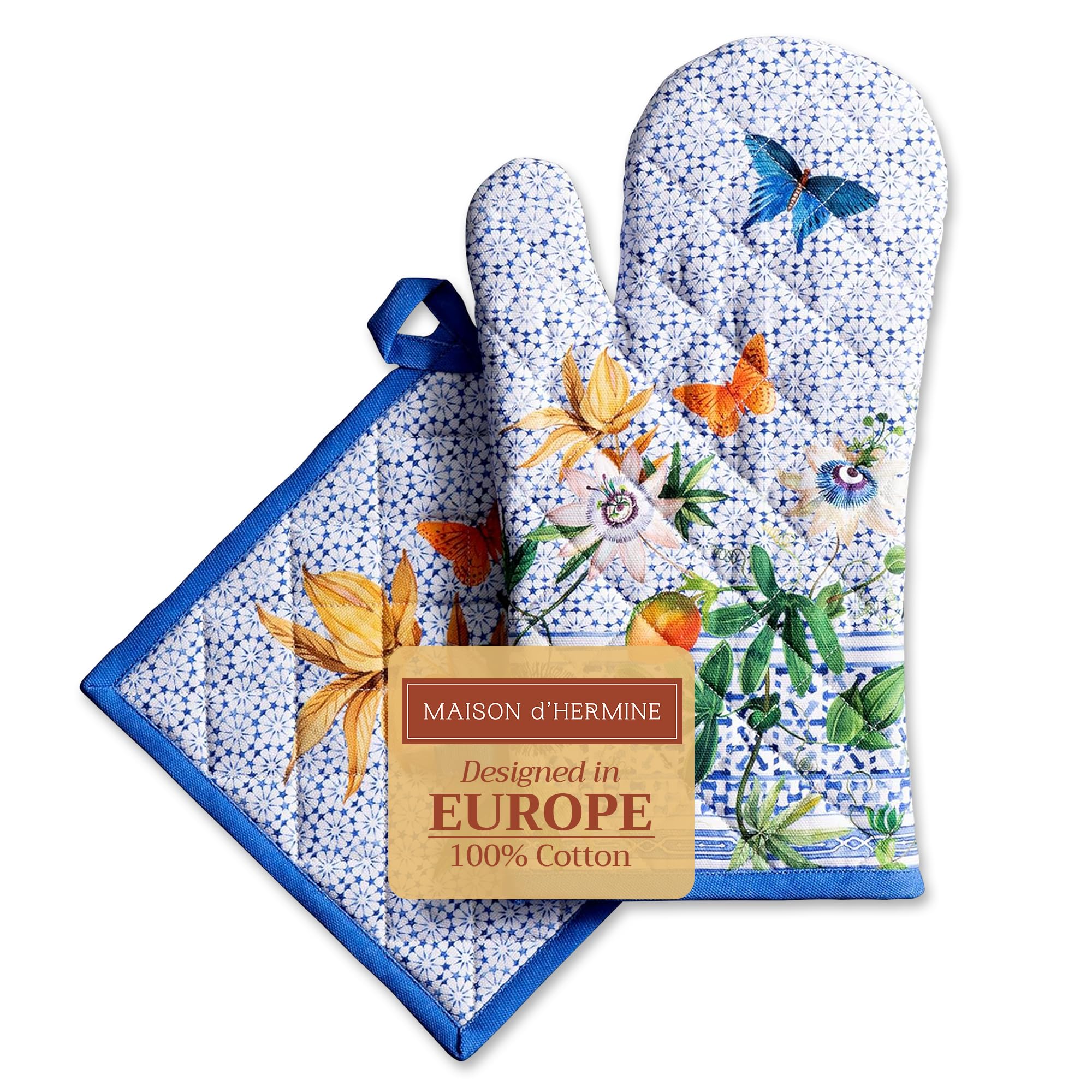 Maison d' Hermine 100% Cotton Oven Mitt & Pot Holder Set (19 x 33 cm & 20 x 20 cm) Heat Resistant BBQ Cooking Gloves with Loop for Baking Handling Hot Pans Gifts for Mothers Day (Indigo Love)