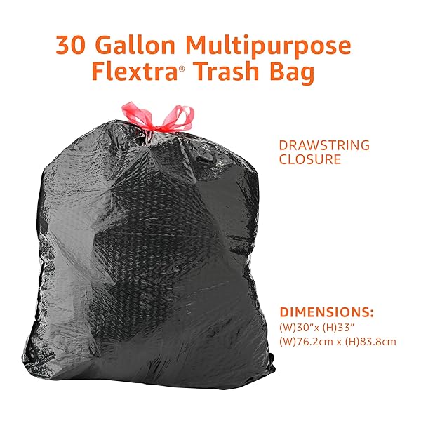 AMAZON BASICS 30 GALLON FLEXTRA STRENGTH MULTIPURPOSE DRAWSTRING TRASH BAGS, 20% POST CONSUMER RECYCLED MATERIAL, TEAR RESISTANT, BLACK, 50 COUNT