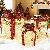 ATDAWN Set of 3 Lighted Gift Boxes Christmas Decorations, Clear Acrylic Present Boxes, Christmas Home Gift Box Decorations
