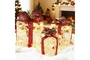 ATDAWN Set of 3 Lighted Gift Boxes Christmas Decorations, Clear Acrylic Present Boxes, Christmas Home Gift Box Decorations