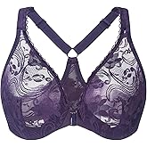 MELENECA Women's Plus Size Racerback Unlined Lace Underwire Front Closure Bra