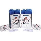 2-Pack 10.6'' Medium Baseball Happy Birthday Gift Bag Set with Greeting Cards and Tissue Papers for Men Boys Kids Teens for Birthday, Baby Shower, Sport Themed Design, 2 Pcs