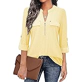Bulotus 3/4 Length Sleeve Womens Striped Tops Zipper V Neck Collared Blouses Business Casual Tunics 2026 Spring Trendy