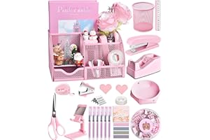 LXEVIHK Pink Desk Accessories, 24Pcs Pink Office Supplies and Desk Organizers, with Tape Dispenser, Stapler, Staple Remover, Ect, Christmas Gifts