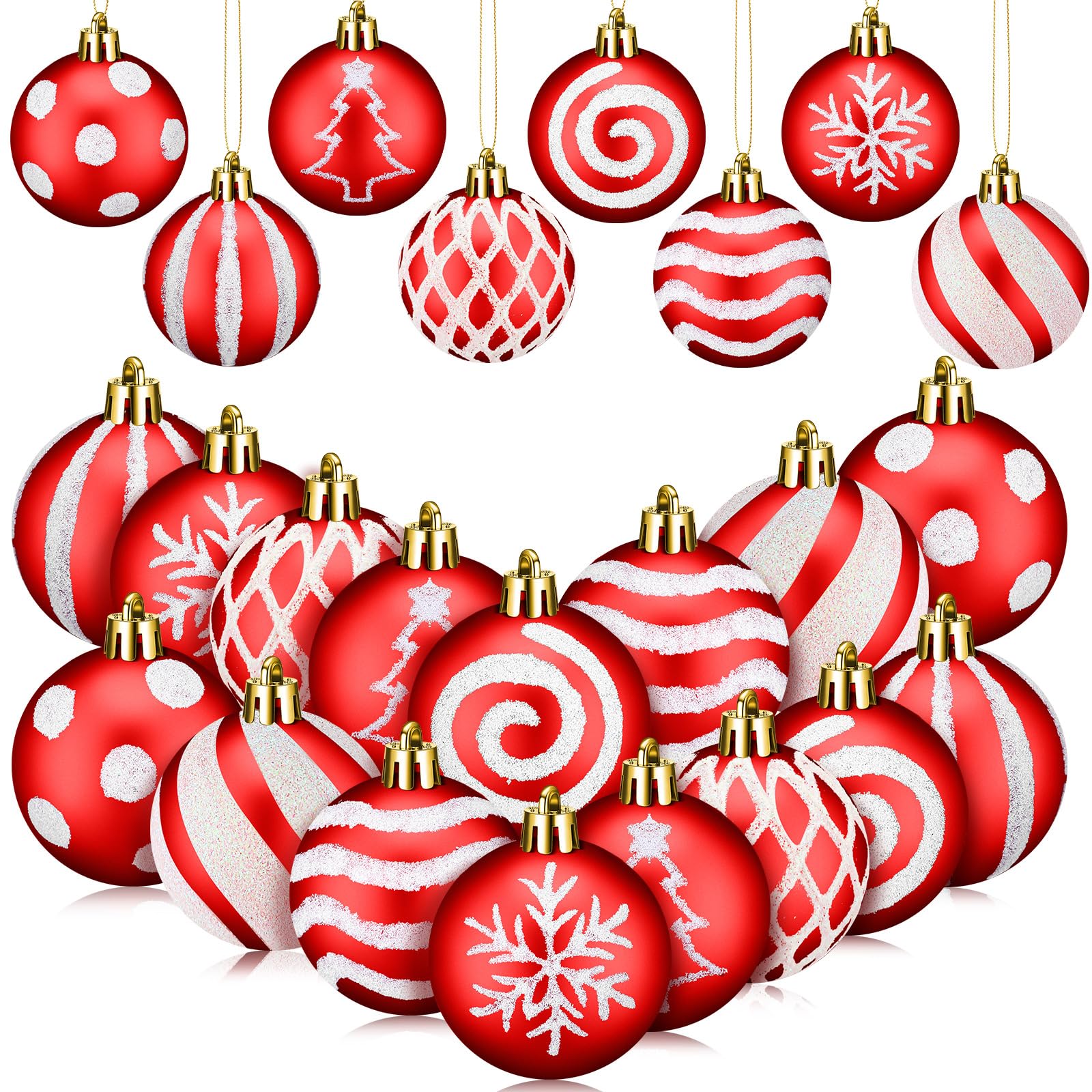 View 1 of 24 Pcs Christmas Ball Ornaments 2.36 Inches Red and White Christmas Tree Decoration Ornaments Glitter Plastic Stripe Dot Snowflake Hanging Ball Decorations for Home Indoor Outdoor