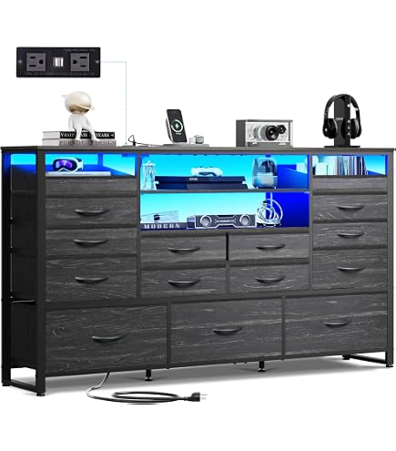 WLIVE Black TV Stand For 55, 60, 65 Inch TV, Entertainment Center With LED Lights & Charging Station, TV Media Console Table With 15 Fabric Drawers And Open Shelves For Living