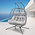 2 Person Hanging Egg Chair with Stand for Outdoor, Patio Hand Made Rattan Wicker Double Egg Swing Chairs Hammock Chair with UV Resistant Cushion and Metal Frame, Porch Swing Loveseat for Backyard