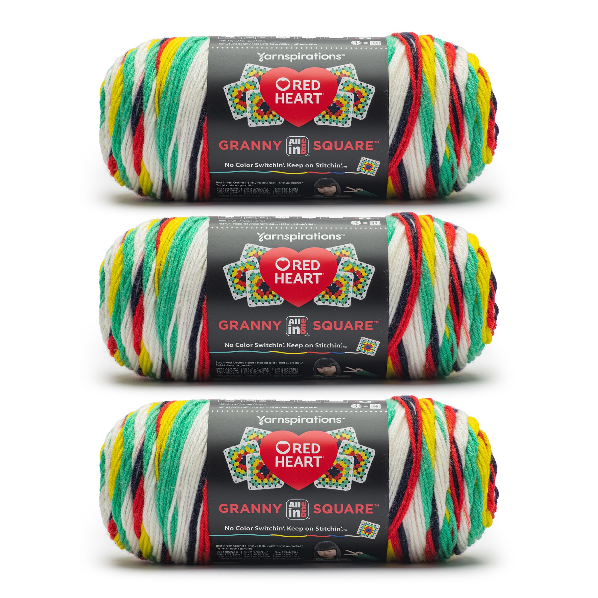 Red Heart All in One Granny Square Soft White - Green Scream Yarn - 3 Pack of 250g/8.8oz - 100% Acrylic - #4 Worsted (Medium) - 381m/417Yards - for Knitting, Crochet and Amigurumi