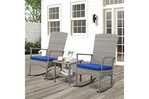 Valita 3 Piece Patio Rocking Chair Outdoor Rattan Bistro Set with Glass Top Table Conversation Set with Grey PE Wicker, Blue Cushion