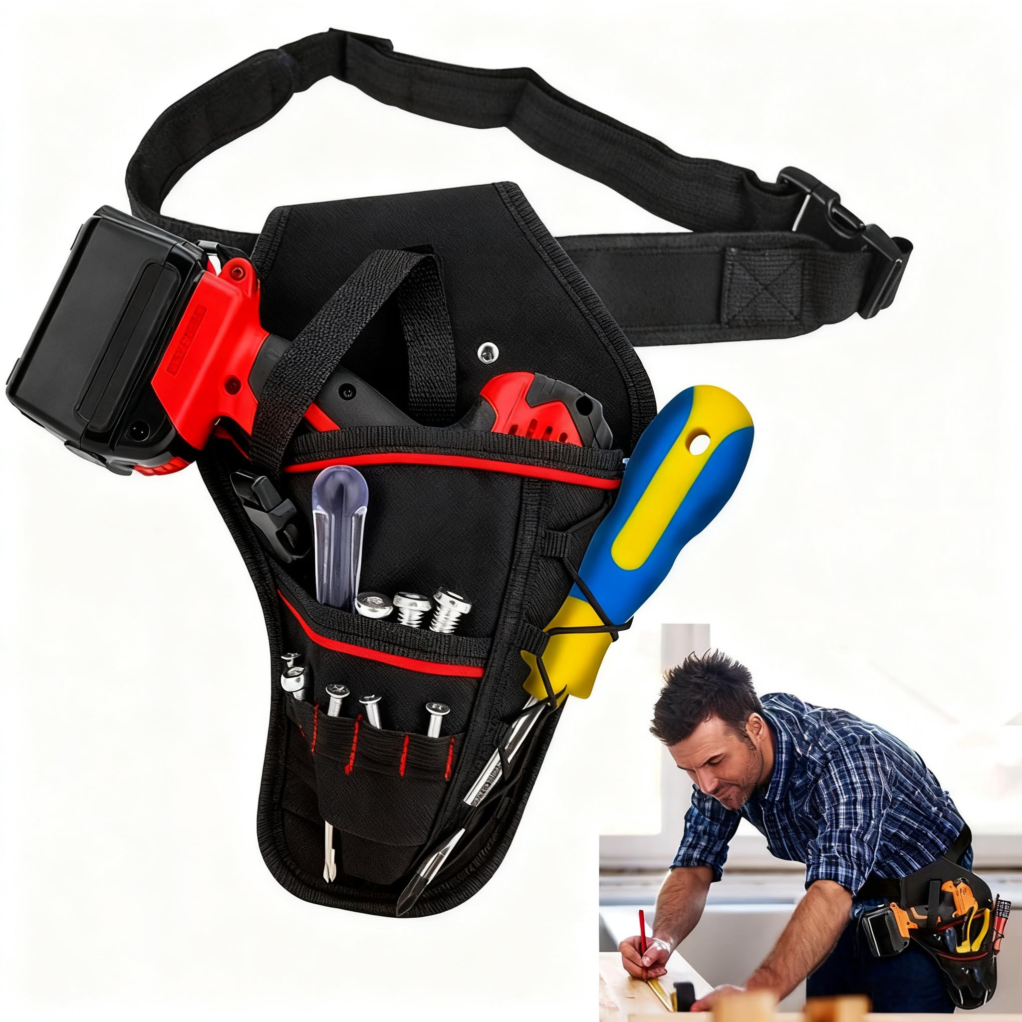 Drill Holster Tool Belt for Men, Heavy Duty Tool Impact Driver Holster Electrician Drill Pouch Multi Pockets with Adjustable Nylon Waist Belt Carpenters Tools Storage Organizer for Construction