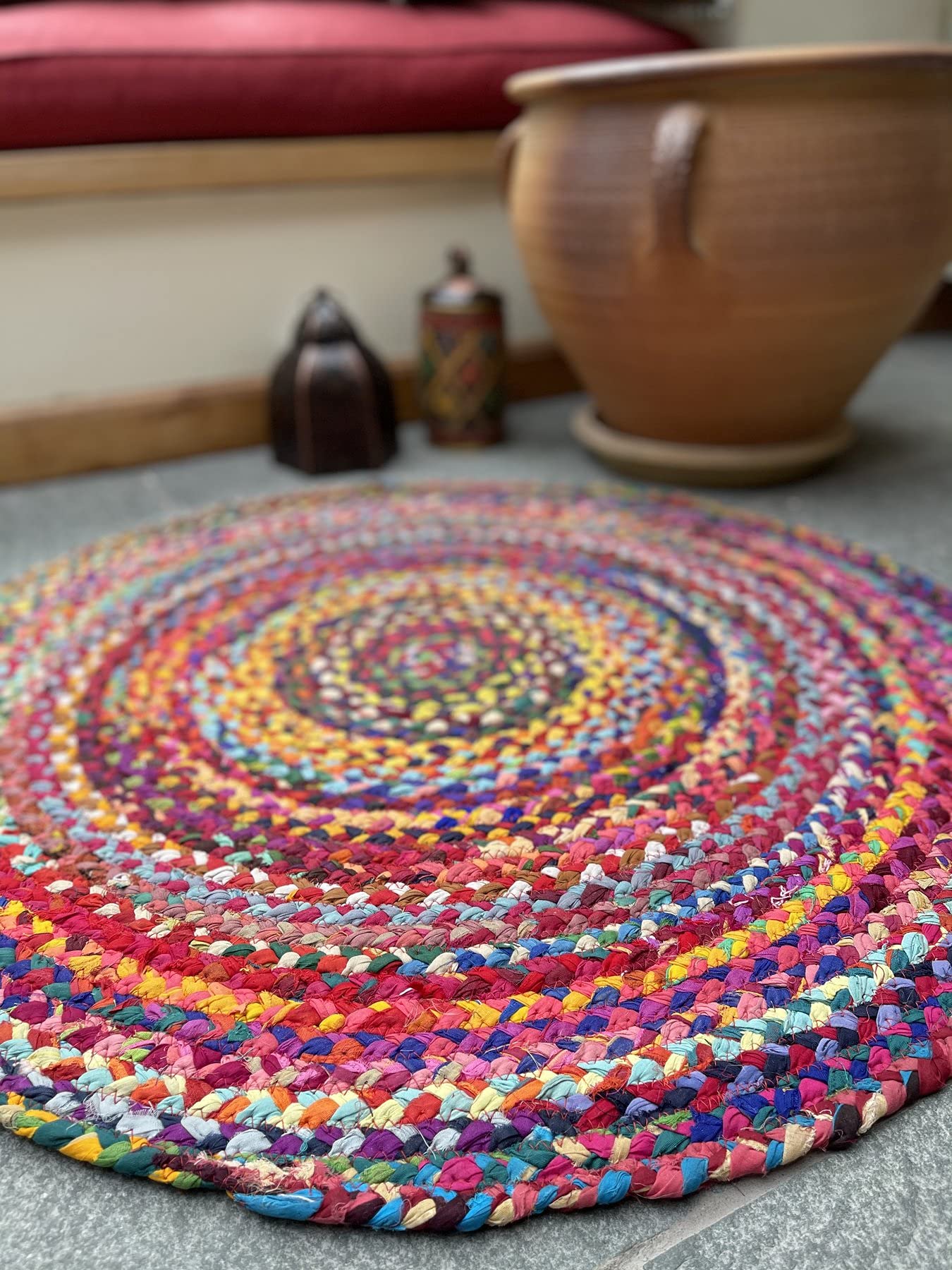 Second Nature Online Sundar Small Round Braided Fabric Rug Hand Made Flat Weave with Multi Colour Recycled Fabric 60 cm Diameter