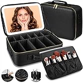 saiggnyy 15“×11“Professional Makeup Train Case,Large Waterproof Travel Makeup bag with Mirror and Light, Leather Black Make up Bag with Mirror and Light,Led Makeup Case with Adjustable Dividers