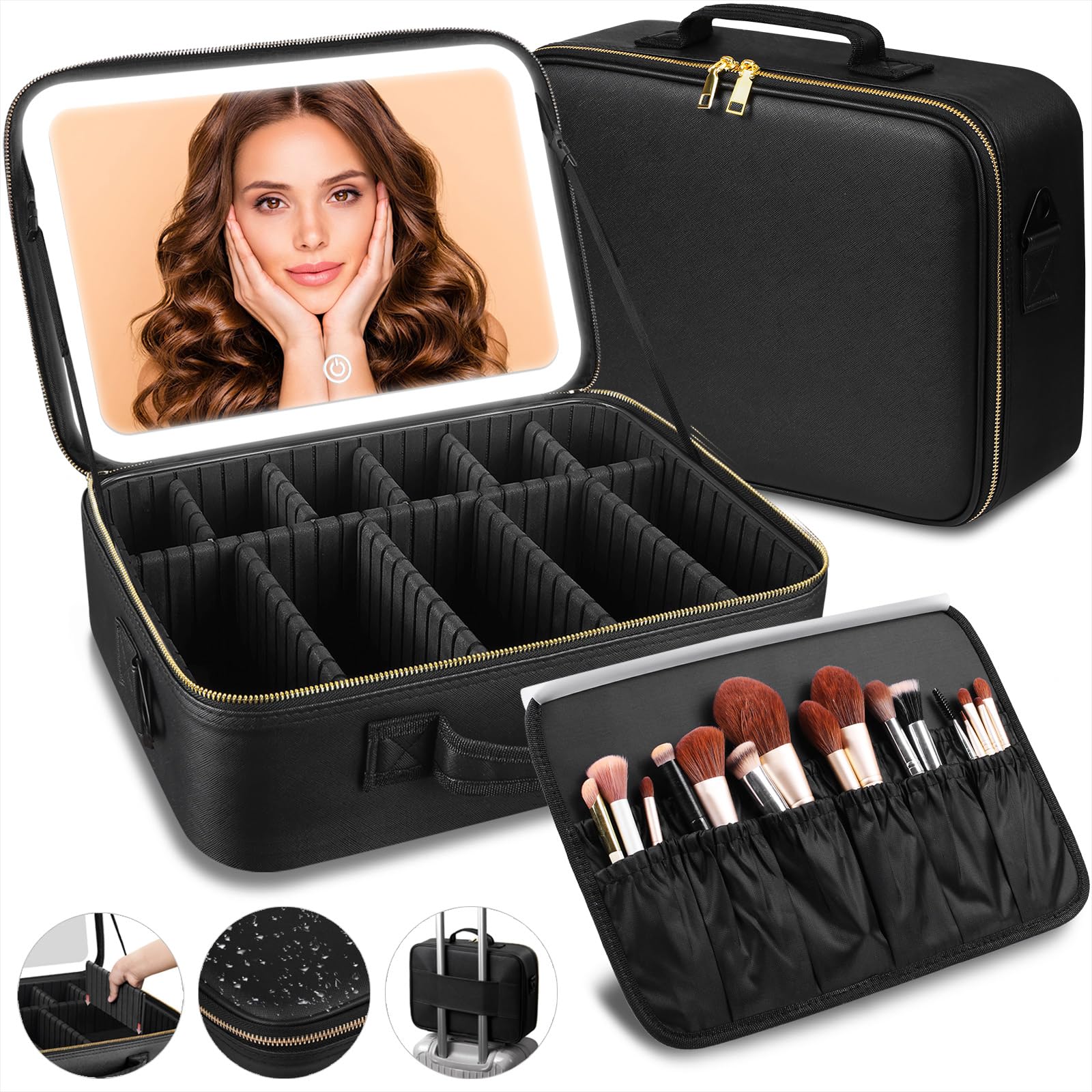 Photo 1 of saiggnyy 15“×11“Professional Makeup Train Case,Large Waterproof Travel Makeup bag with Mirror and Light, Leather Black Make up Bag with Mirror and Light,Led Makeup Case with Adjustable Dividers