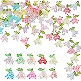 60Pcs Acrylic Flower Charms for Jewelry Making 10 Colors Lily Floral Pendants Dangle Charm with Pearl Leaf Beads for Earrings Necklace Bracelet DIY Craft Accessories Supplies