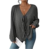 RoseSeek Women's Plus Size Tie Up Sweater Cardigans Long Sleeve V Neck Loose Knitwear Tops
