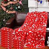 Preboun 12 Pcs Winter Fleece Throw Blankets Bulk 50 x 60 Inch Reindeer Lightweight Fleece Throw Blankets for Bed Sofa Couch Office Wedding Gifts Travel Camping Homeless Donation Pet (Red Reindeer)