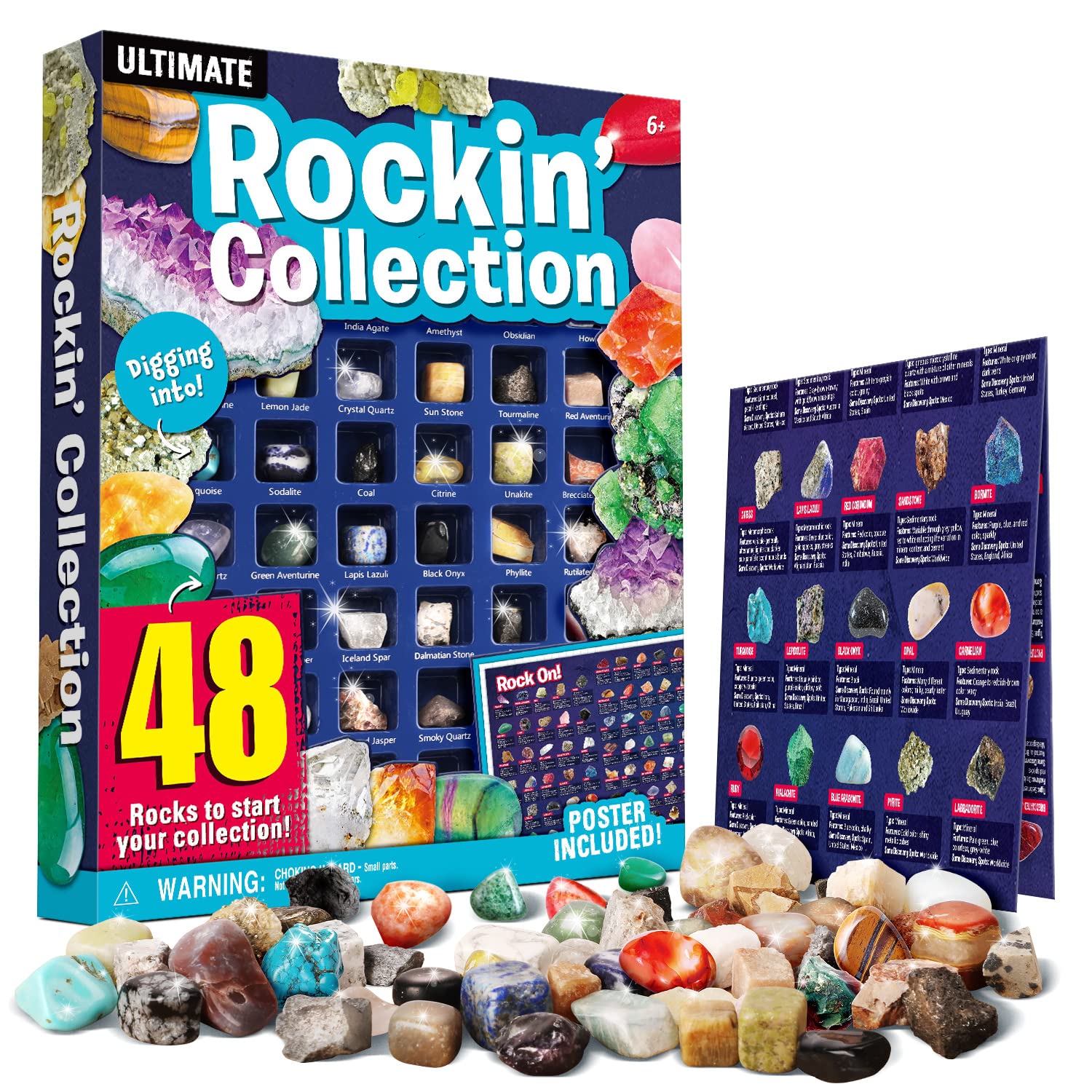 XX TOYS Stone Collection - 48 Assorted Precious Stones & Minerals Set, Natural Stones & Crystals for Kids Educational Science Kit