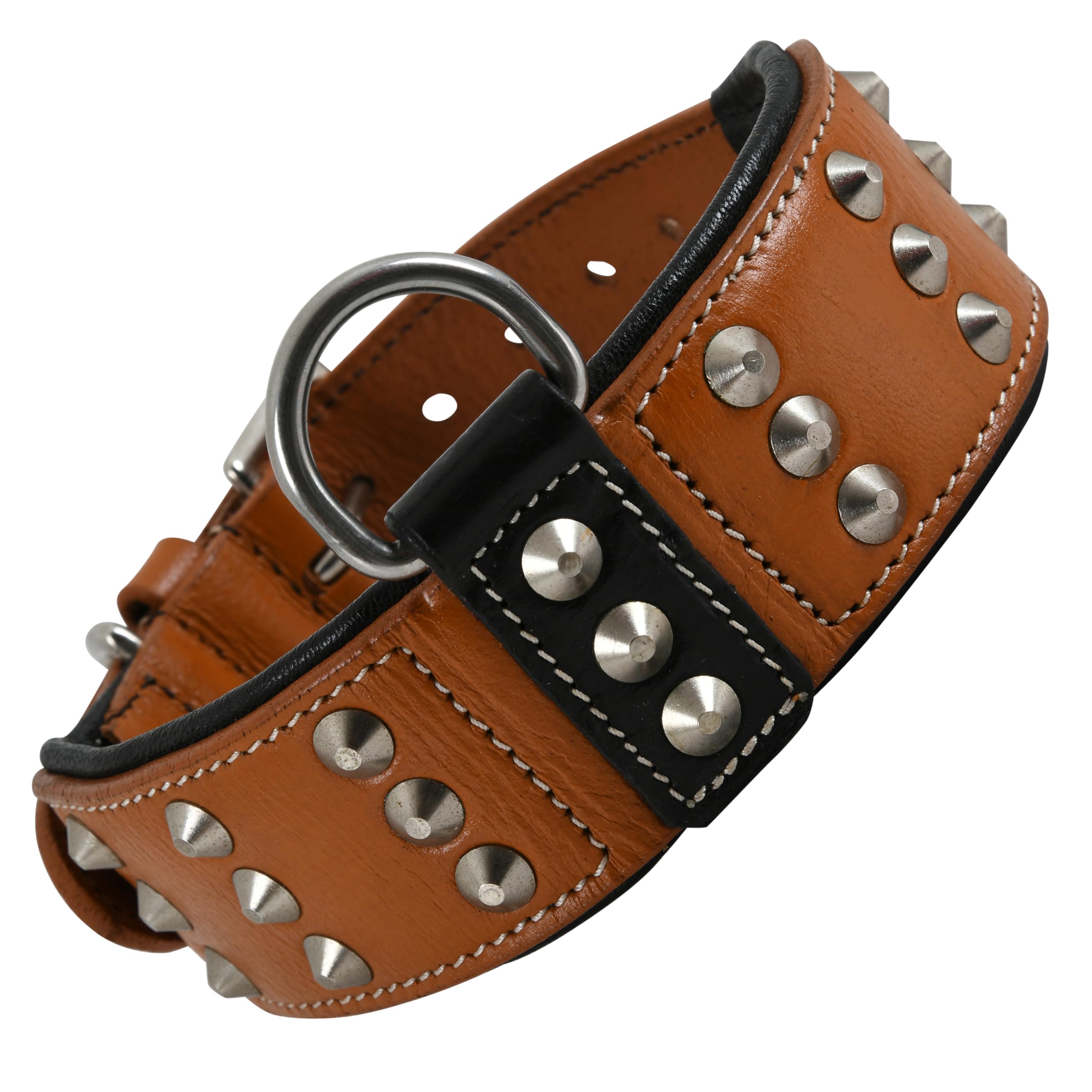 DowgClub | Genuine Leather Dog Collar |Riveted Studs | Saddle Grade, Full Grain, Heavy Duty | Comfortable, Padded, Strong, Best for Medium, Large, XL Breed (X-L (Fit Neck Size 21.5"-25.5"), Brown)