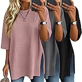 Baggyfly 3 Pack Women's 3/4 Sleeve Waffle Knit Tops Oversized Crewneck T-Shirts Loose Casual Blouses Side Split Tees