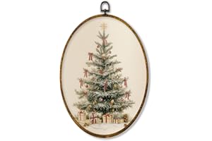 XPH Vintage Christmas Tree Oval Wall Art Framed, Rustic Winter Xmas Tree Oval Wall Decor, Farmhouse Christmas Cozy Winter Hanging Canvas Prints for Home Bedroom Living Room Decoration, 8.6x11.4 Inch