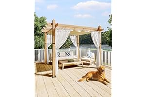 KYBOLT 10x10 Ft Outdoor Pergola with Retractable Canopy Metal Gazebo Imitation Wood-Grain Column with Side Mesh Screen Modern Pavilion for Backyard(Beige+White)