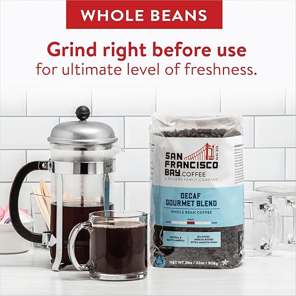 SAN FRANCISCO BAY COFFEE – DECAF MEDIUM-DARK ROAST WHOLE BEAN COFFEE – DECAF GOURMET BLEND (2 LB BAG) – SWISS WATER PROCESSED