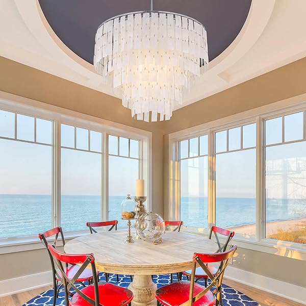 TOCHIC CAPIZ SHELL CHANDELIER, 6-LIGHT CHANDELIER FOR DINING ROOM, COASTAL CHANDELIER WITH NATURAL SHELLS, ROUND BOHO LIGHT FIXTURES FOR BEDROOM, LIVING ROOM, KITCHEN AND FOYER, CHROME, W-23.62″