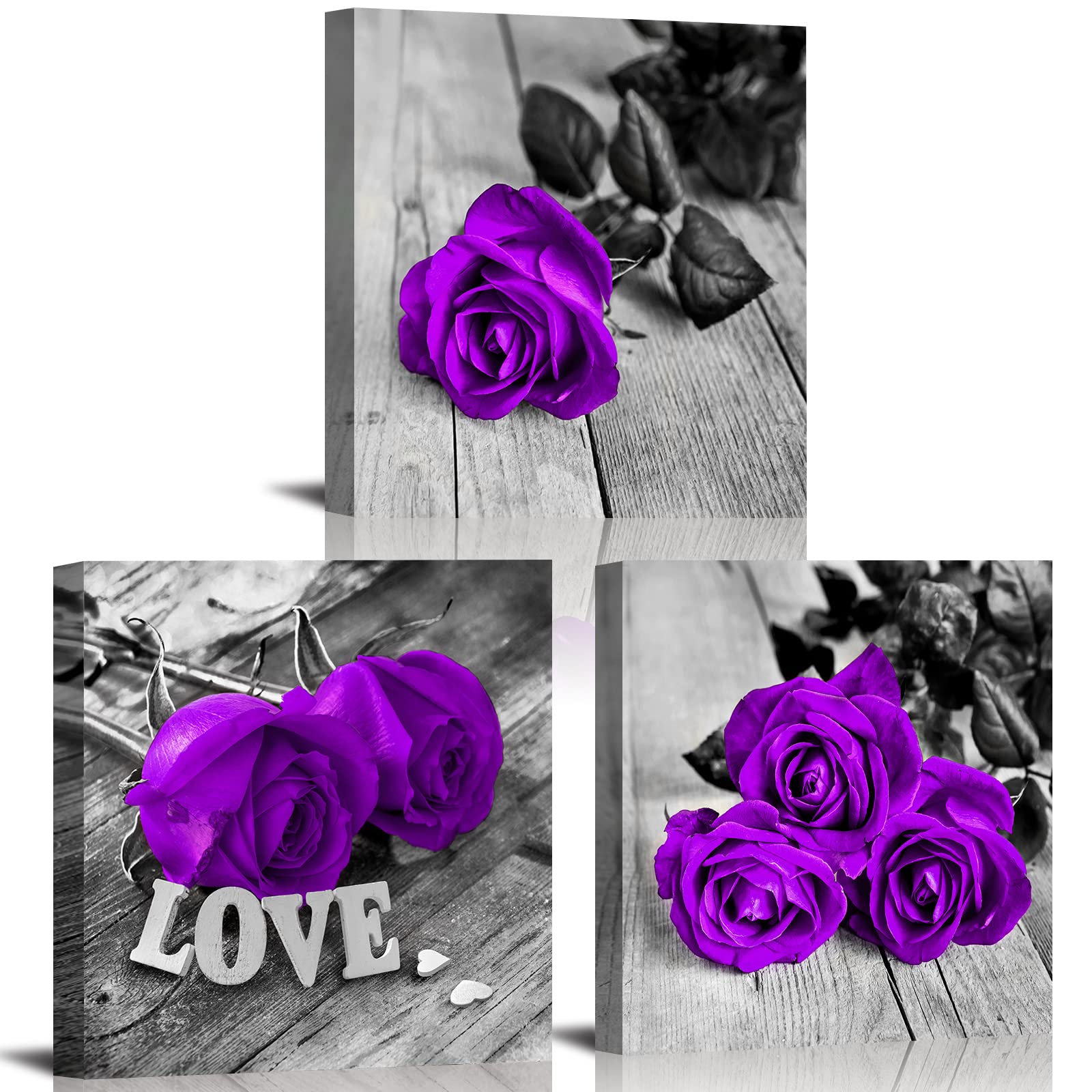 Photo 1 of Purple Wall Decor Bathroom Accessories Purple and Grey Roses Flower Wall Art Rustic Fall Floral Canvas Prints for Couples Bedroom Modern Romantic Artwork for Living Room Home Decorations 12x12" 3Pcs