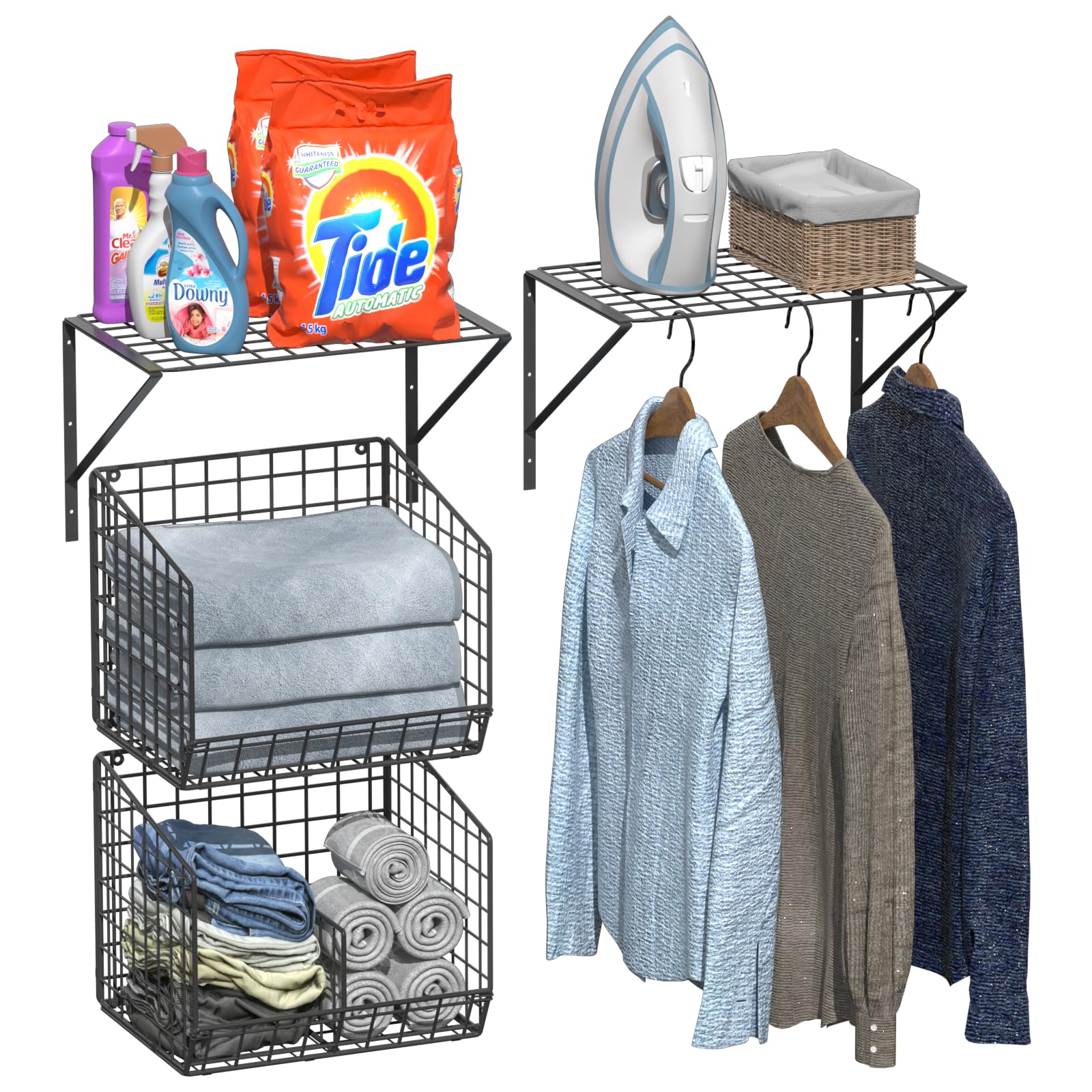 Photo 1 of 2 Pack Laundry Room Shelves with Wire Baskets, Over the Washer and Dryer Shelf, Wall Mounted Storage and Clothes Drying Rack, Wire Shelves Baskets for Laundry Closet Organization and Storage-Black