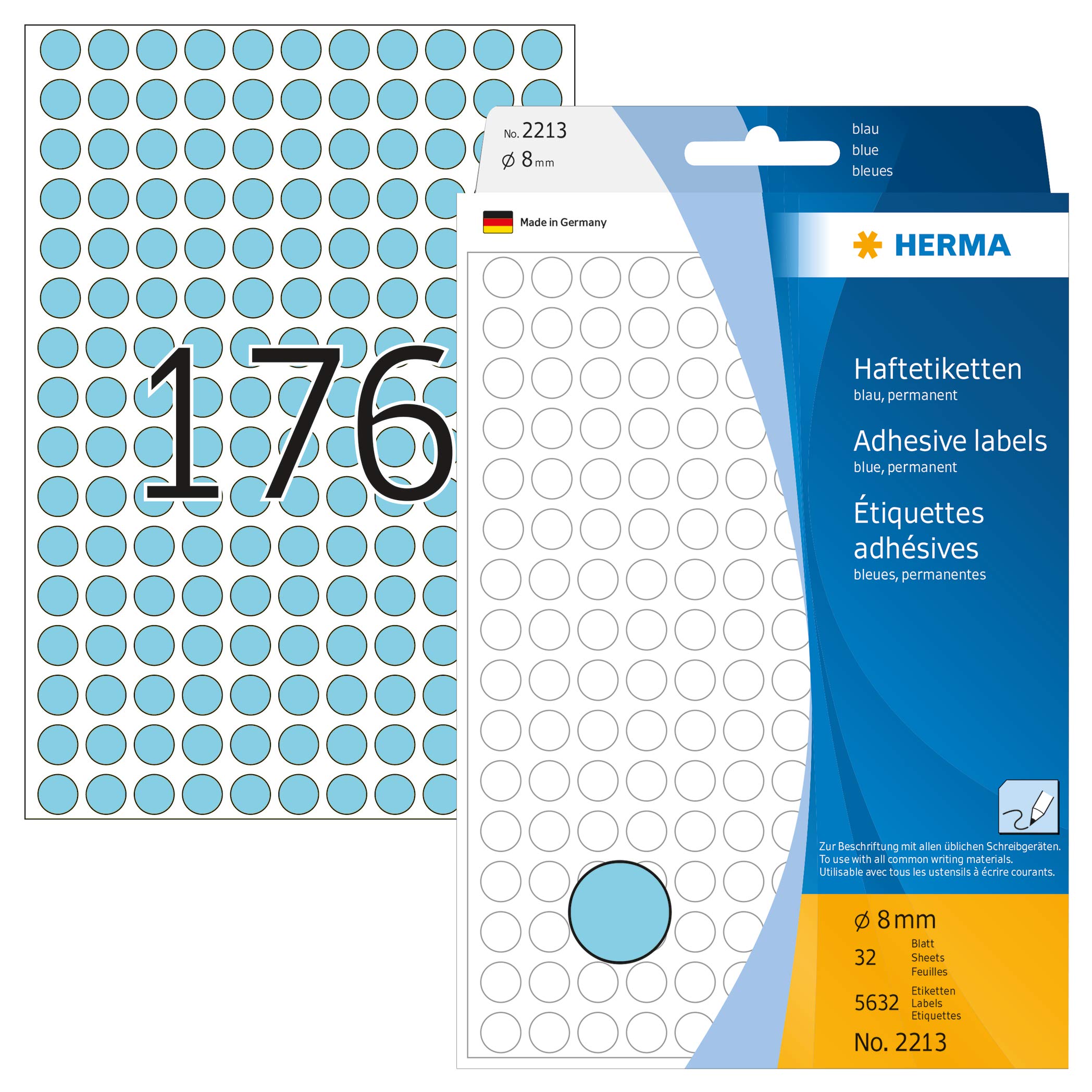 HERMA Dot Stickers - Blue, 5632 Labels, 8 mm Diameter, 176 per Sheet, Self-Adhesive Round Marking Dots for Color Coding