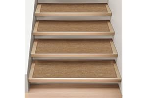 ANTEQI 15 Pcs Stair Treads for Wooden Steps Indoor, Natural Linen Stair Treads Non-Slip Carpet Mat, 8" x 30" Stair Runners Soft & Comfortable Self-Adhesive Stair Rugs for Kids Elders & Pets-Brown