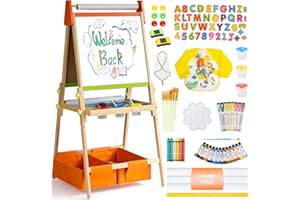 BPMFKID 3-in-1 Adjustable Kids Art Easel Set, Height Adjustable Magnetic Whiteboard & Chalkboard with Painting Paper Roll, Wooden Dual-Sided Art Station for Toddlers & Children Ages 3+