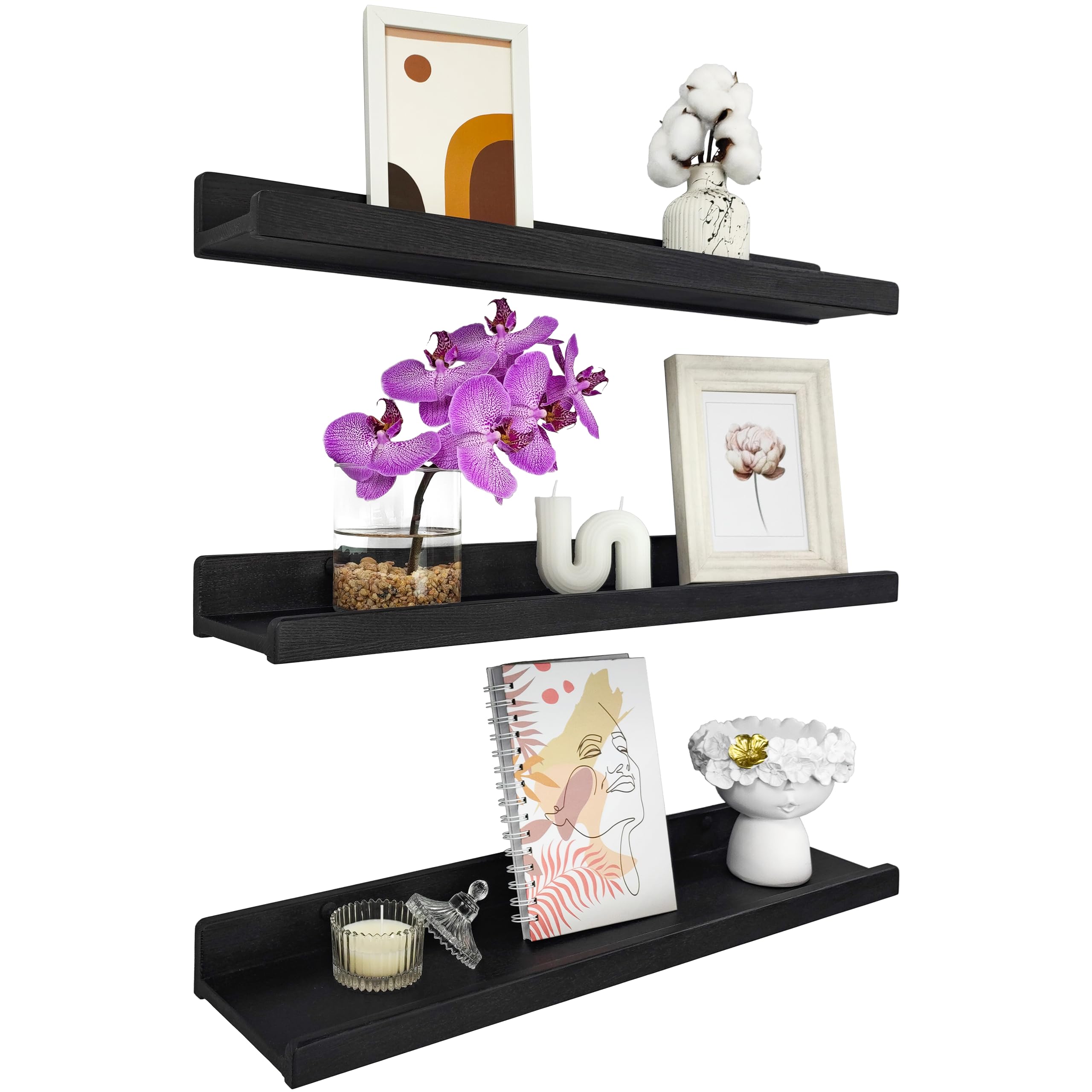 Handcrafted Floating Shelves for Wall 60cm, Photo & Picture Ledge, Black Modern Wall Storage Shelves with Lip, Kids Book shelf, Shelves for Bedroom, Living Room, Bathroom, Kitchen, Set 3 Different