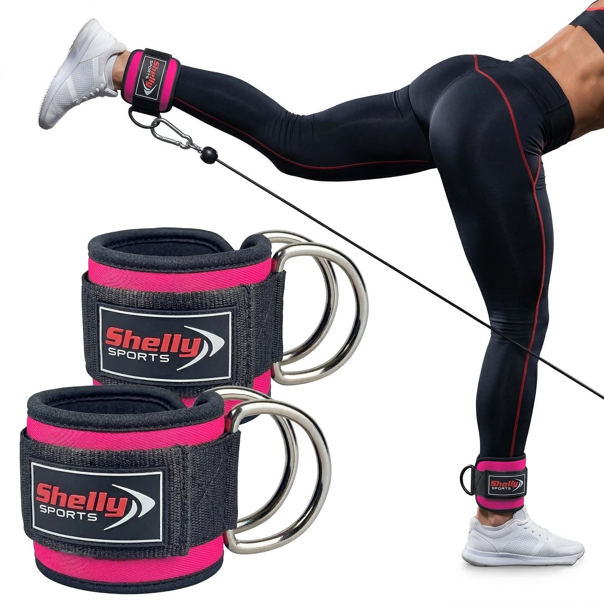 Shelly Ankle Straps for Cable Machines Leg Extensions Hip Abductors Double D Ring Cable Straps Padded Neoprene Ankle Cuffs for Leg Abs Kickbacks Glute Workouts Support for Men & Women (Shocking Pink)
