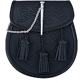 Embossed Black Leather Scottish Kilt Sporran With Pin Lock & Tassels