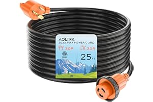 AOLINK 30 Amp RV Power Cord 25 Feet, Heavy Duty STW Pure Copper Wire with Grip Handle, TT-30P to L5-30R with Cord Organizer for RV Trailer Campers