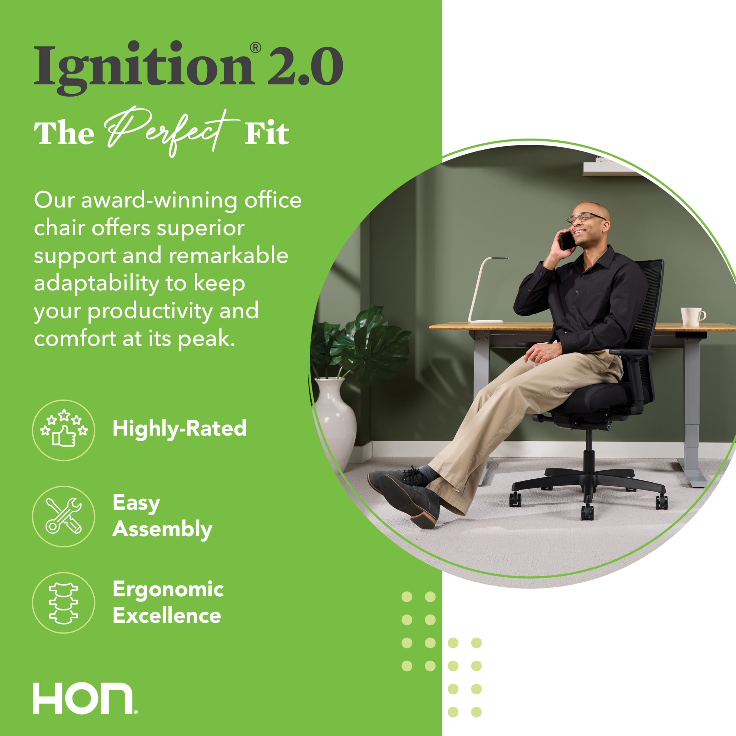 HON Ignition 2.0 Mid Back Task Chair, Advanced Synchro-Tilt Control, Office Chair with Lumbar Support, Height and Width Adjustable Arms, Black Frame, Black