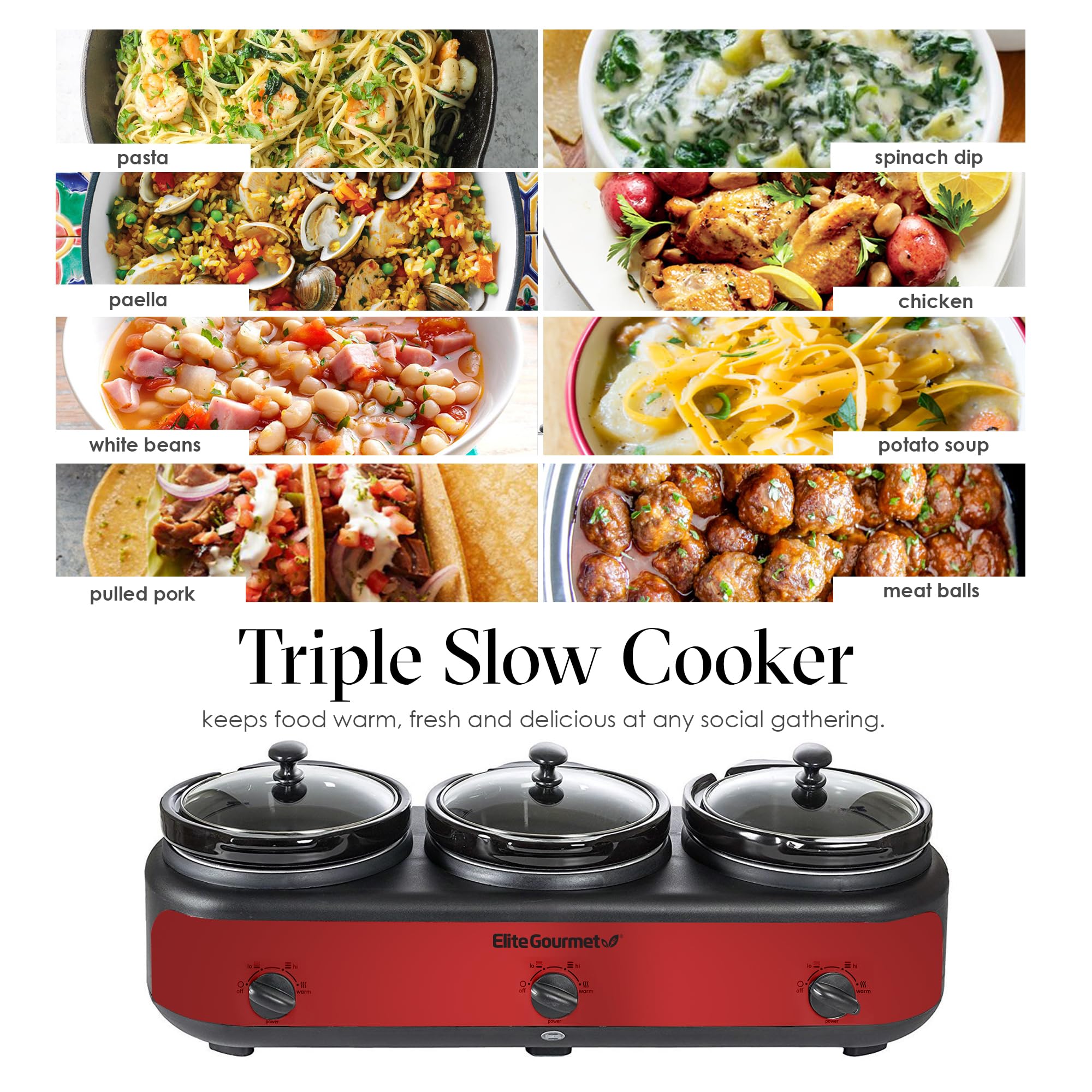 Elite Platinum EWMST325R MaxiMatic Triple Slow Cooker Buffet Server