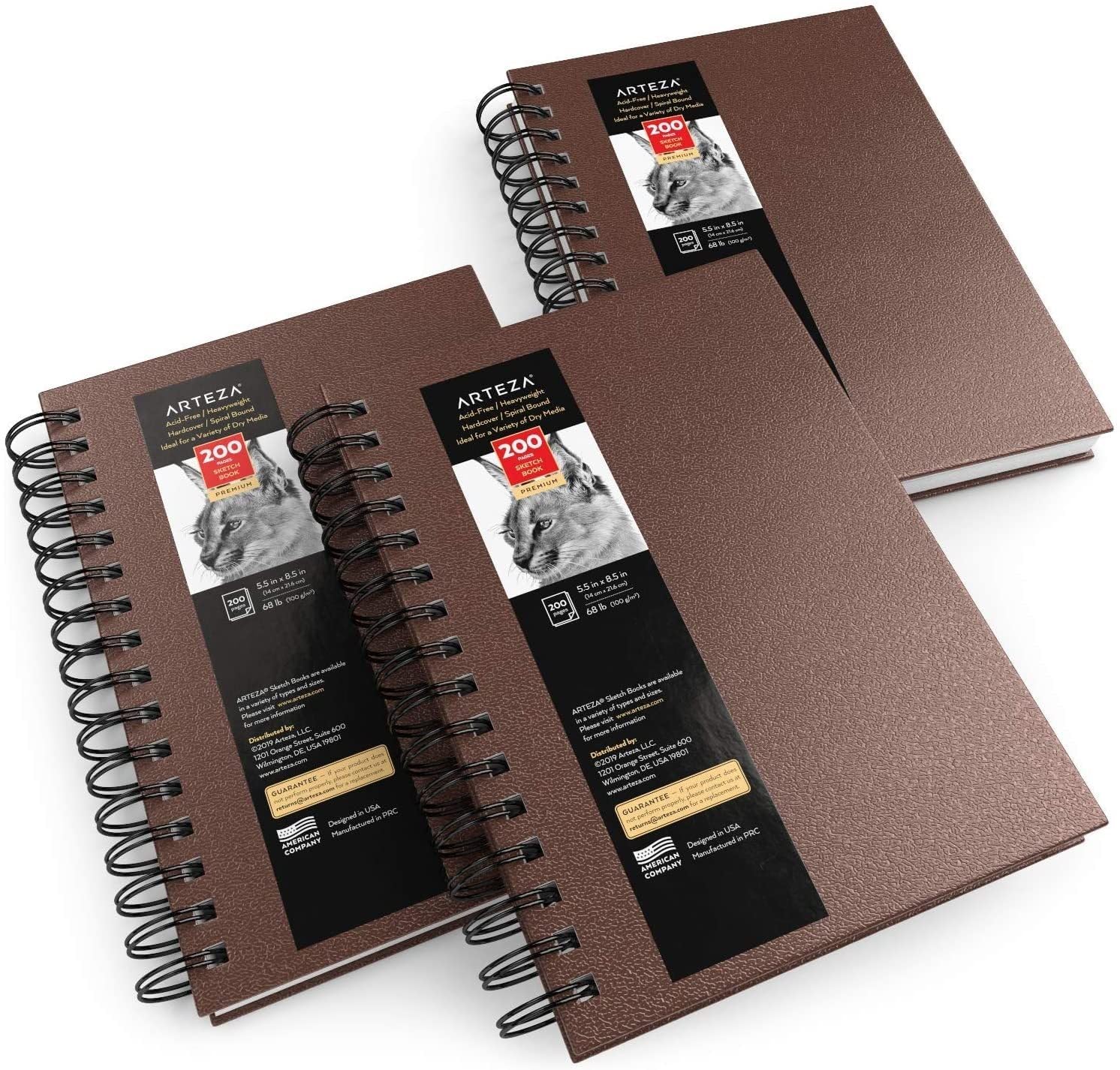 Arteza Sketch Book, 14 x 21.6 cm, 3-Pack, Brown Drawing Pads, 300 Sheets Total, 100 GSM, Hardcover Sketchbook, Spiral-Bound, Use with Pencils, Charcoal, Pens, Crayons & Other Dry Media