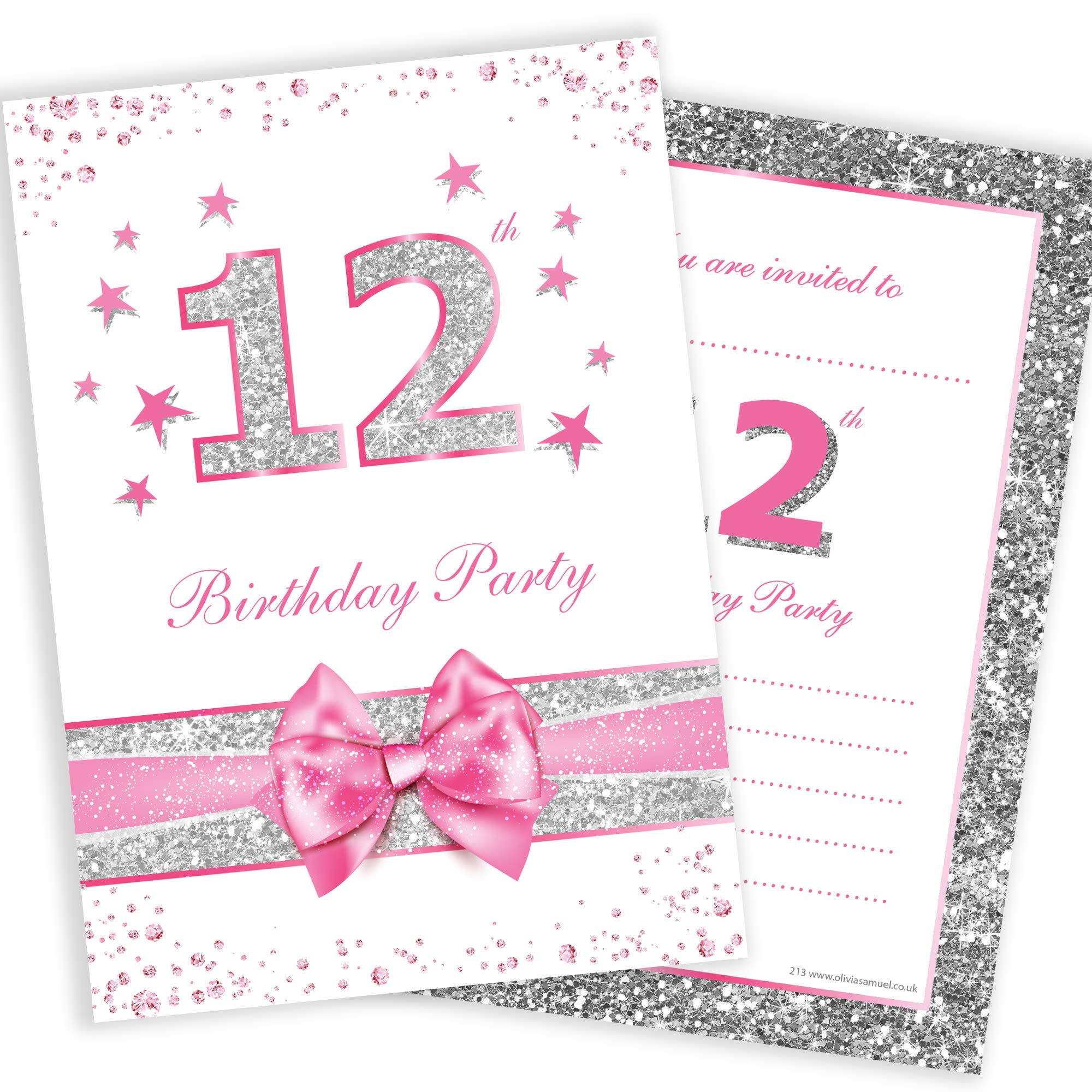 Olivia Samuel 20 x 12th Birthday Party Invitations from Pink Sparkly Design and Photo Effect Silver Glitter - A6 Postcard Size with envelopes