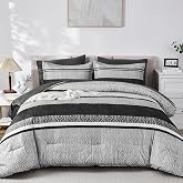 Dobuyly Grey Comforter Set Queen Size 7 Piece Bed in a Bag, Grey Black Striped Bed Set, Lightweight Boho Bedding Comforter Sets with Sheets