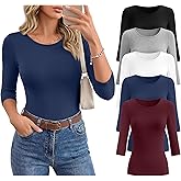 Huukeay 5 Pack Women's Elbow Sleeve Tops 3/4 Sleeve Round Neck T-Shirt Slim Fit Casual Stretchy Tunic Basic Tees Bulk