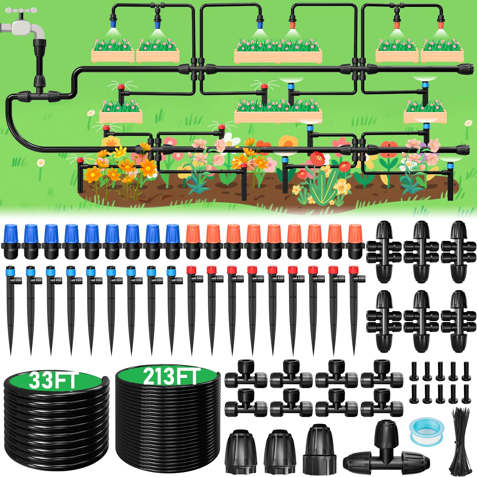 Photo 1 of 246FT Drip Irrigation System, Automatic Drip Irrigation Kit with 1/2" Main Tube & 1/4" Branch Tubing, Adjustable Drip Emitters, Garden Watering System for Flower Bed, Raised Beds, Lawn, Greenhouses