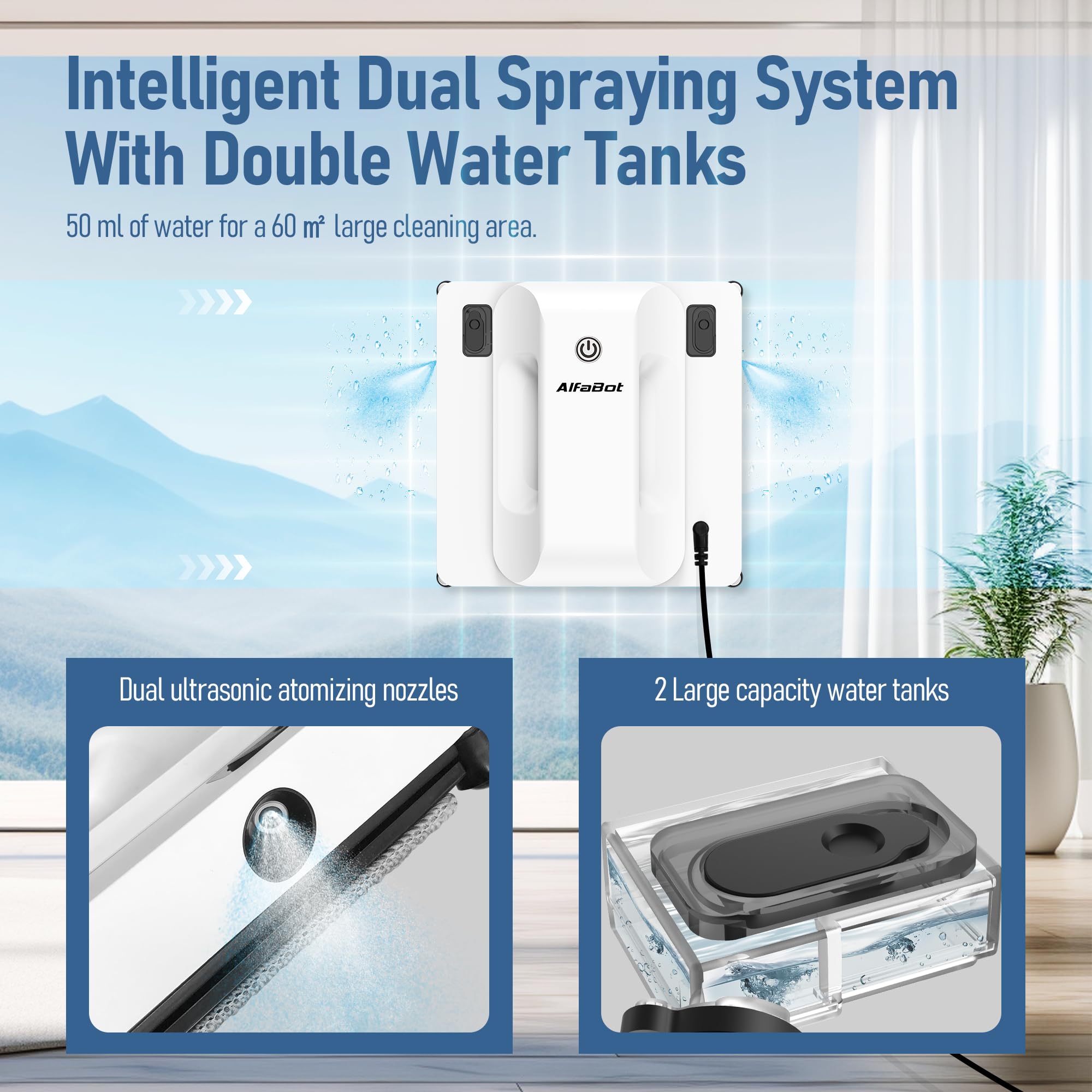 AlfaBot Robot Limpiacristales, Boquillas Dobles con Pulverizador Ultrasónico, Robot Limpiacristales 5000Pa con Detección de Bordes, 3 Planificación Inteligente de Rutas, Sistema Antideslizante