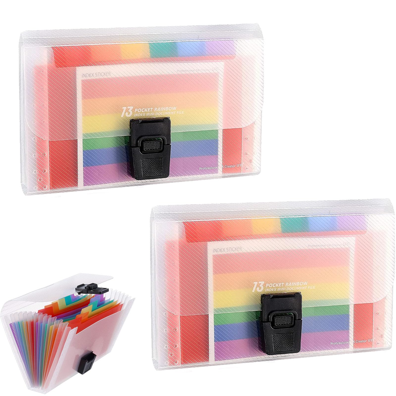 2Pcs Rainbow Flash Card Holder Portable A6 Accordian File Organiser 13 Pockets Flash Card Holder Mini Ticket Expanding Folders for Cards Bills Coupons Receipt