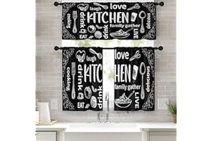 Tayney Farmhouse Chef Kitchen Window Curtains Valance and Tier Set 36 Inch, Modern Doodle Abstract Black Art Rod Pocket Short Tier Curtain for Bathroom, Funny Cafe Drapes for Kitchen Decor